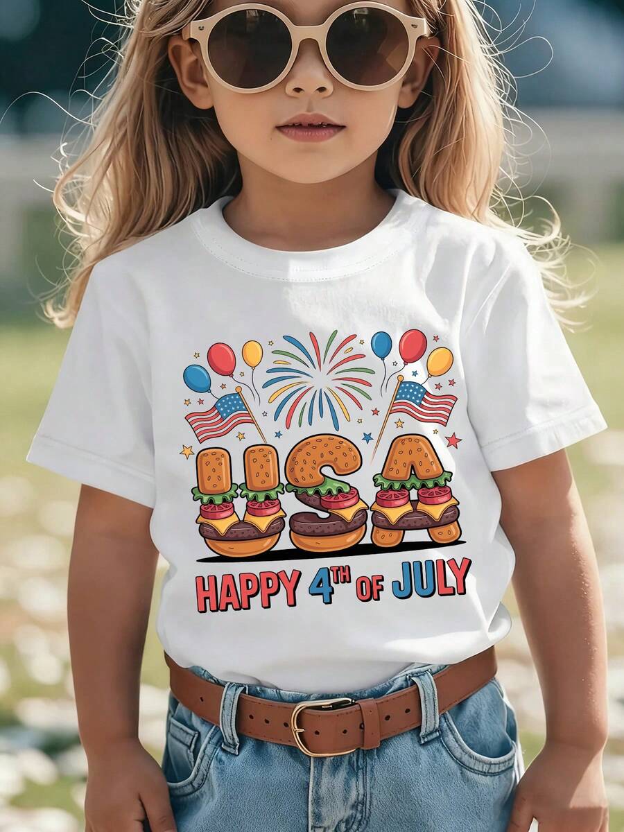 Girls' Short-Sleeved T-Shirt From The 'American Independence Day' Collection With Cartoon Prints Such As 'HAPPY 4TH OF JULY', Hamburger, United States, American Flag - 白色 - 查看 1