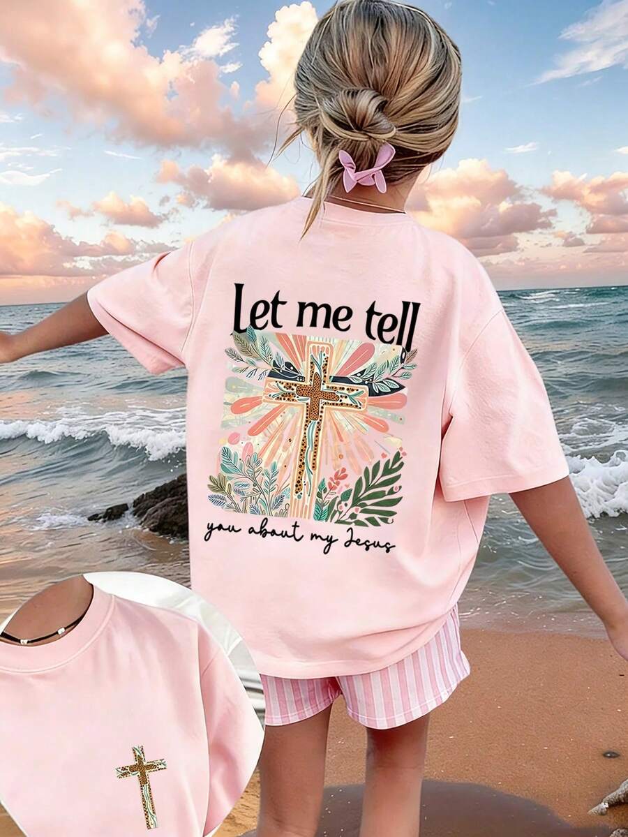 Graphic Tee For Preteen Girls "Let Me Tell You About My Jesus", Made Of Soft And Comfortable Fabric, Suitable For Outdoor Sports, Casual Wear, Street Style, Campus Style, Top - 白色 - 查看 1