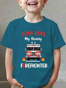 Summer Fashion Short Sleeve T-Shirt For Kids "STAY COOL My Daddy Is A FIREFIGHTER" With Fire Truck Cartoon Print, Casual Outdoor Top NY-DX9673 - 藍色 - 查看 1