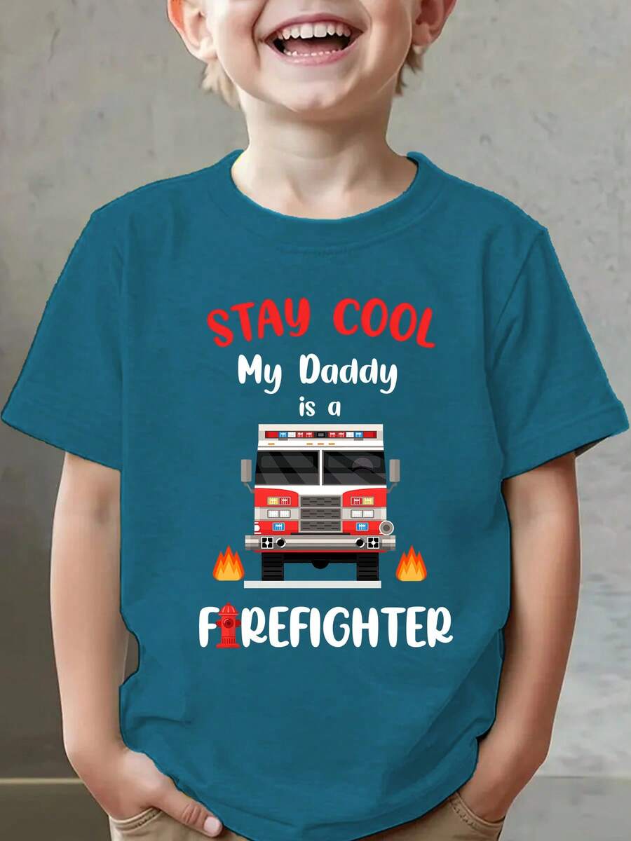 Summer Fashion Short Sleeve T-Shirt For Kids "STAY COOL My Daddy Is A FIREFIGHTER" With Fire Truck Cartoon Print, Casual Outdoor Top NY-DX9673 - 藍色 - 查看 1