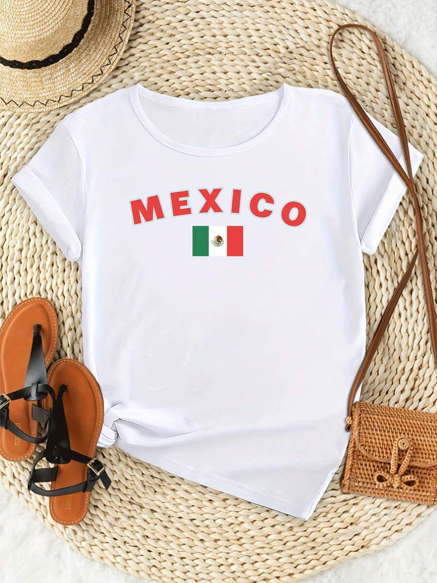 Plus Size Casual T-Shirt With Letter And Mexican Flag Print, Short Sleeve Sports T-Shirt With Round Neck, European Women's Sportswear. - 白色 - 查看 1