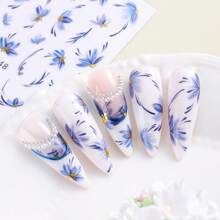 Chinese Vintage Blue White Porcelain Nail Stickers 3 Sheets, Embossed Blue Floral Gold Foil Flower Leaf Nail Decals, Self Adhesive Waterproof Nail Art Transfer Sliders Design For Natural Fake Press On Nails DIY Manicure Accessories - Multicolor - View 8