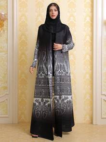Middle Eastern Gradient Print Dubai Style Elegant Arabic Abaya - Black - View 8