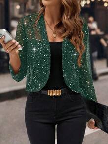 Women's Glitter Sequin Cardigan Jacket, Pleated Fabric With Gold Foil, 3/4 Sleeves, Business Casual For Women - 綠色的 - 查看 1