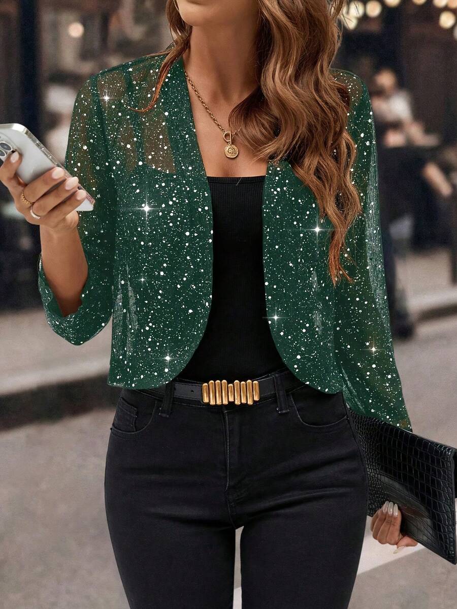 Women's Glitter Sequin Cardigan Jacket, Pleated Fabric With Gold Foil, 3/4 Sleeves, Business Casual For Women - 綠色的 - 查看 1