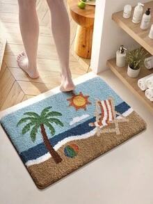 1件浴室地墊地毯，植絨柔軟舒適腳感，快乾度假海灘風圖案浴室墊，適用於浴室、廚房、戶外走廊、臥室、客廳、床邊地毯，TPR防滑底背，可機洗 - 彩色 - 查看 5