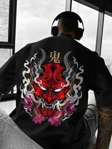 Camiseta Casual de Cuello Redondo para Hombre, Camiseta con Estampado de Fantasma Japonés - Diseño de Cara de Demonio Roja y Negra, Ropa Ligera de Verano para Cosplay, Regalos, Temporada de - Multicolor - Ver 1