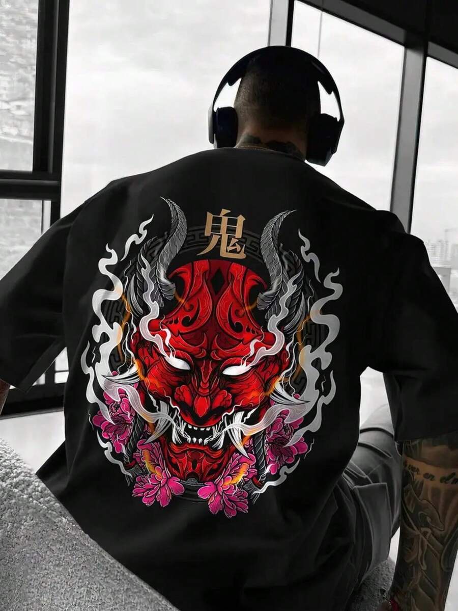 Camiseta Casual de Cuello Redondo para Hombre, Camiseta con Estampado de Fantasma Japonés - Diseño de Cara de Demonio Roja y Negra, Ropa Ligera de Verano para Cosplay, Regalos, Temporada de - Multicolor - Ver 1