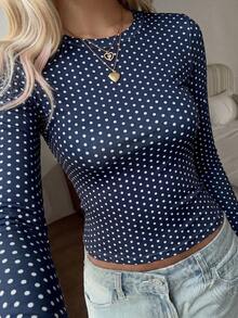 SCARLUX Autumn Y2K Deep Blue Polka Dot Crew Neck Short Long Sleeve T-Shirt, Slim Fit Casual Top, Suitable For Back To School Season - Navy Blue - View 4