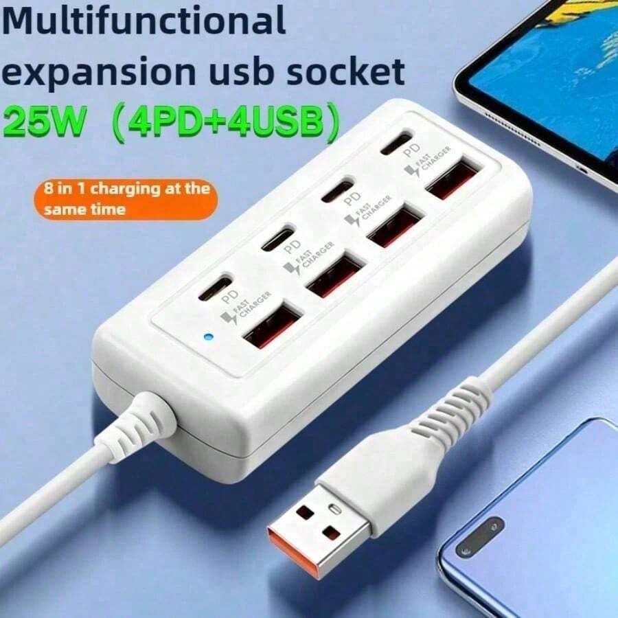 8-Port USB Charger With 4x 25W Type-C Fast Charging Ports, Multi-Port High-Speed Charger Compatible With 5V USB Devices Including Computers, Laptops, Tablets, Spring Gift - Multicolor - View 1