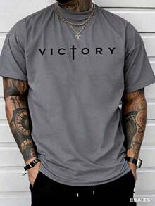 Men's Fashionable Short Sleeve T-Shirt PAYEAH Men's Letter Print T-Shirt, Crew Neck, Short Sleeve, Summer T-Shirts, 100% Comfortable Cotton - 灰色 - 查看 1