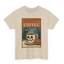 Spooky Coffee T-Shirt: Retro Comic Halloween Cafe Tee - Unisex Women & Men's Daily Wear - Cute White Summer T-Shirt, Casual Wear, Comfortable T-Shirts - 杏色 - 查看 1