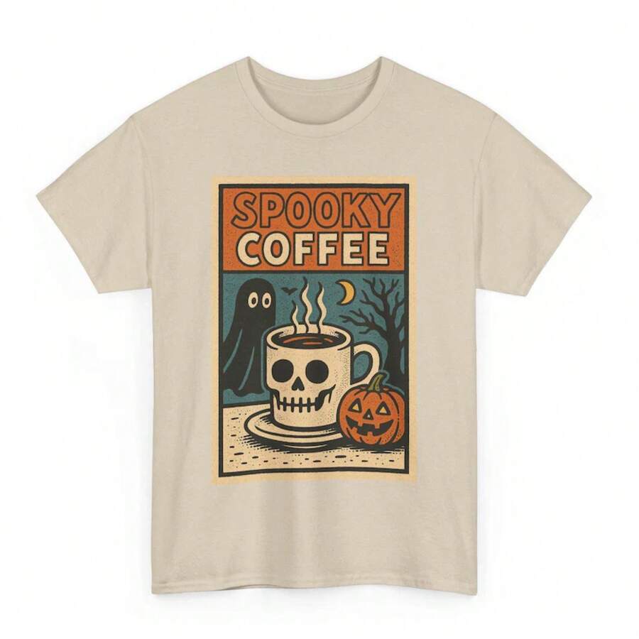 Spooky Coffee T-Shirt: Retro Comic Halloween Cafe Tee - Unisex Women & Men's Daily Wear - Cute White Summer T-Shirt, Casual Wear, Comfortable T-Shirts - 杏色 - 查看 1