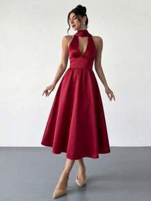 Vestido midi con cuello en V, espalda descubierta y cintura acampanada con lunares retro para mujer, adecuado para el Día de San Valentín, co - Rosa Roja - Ver 1