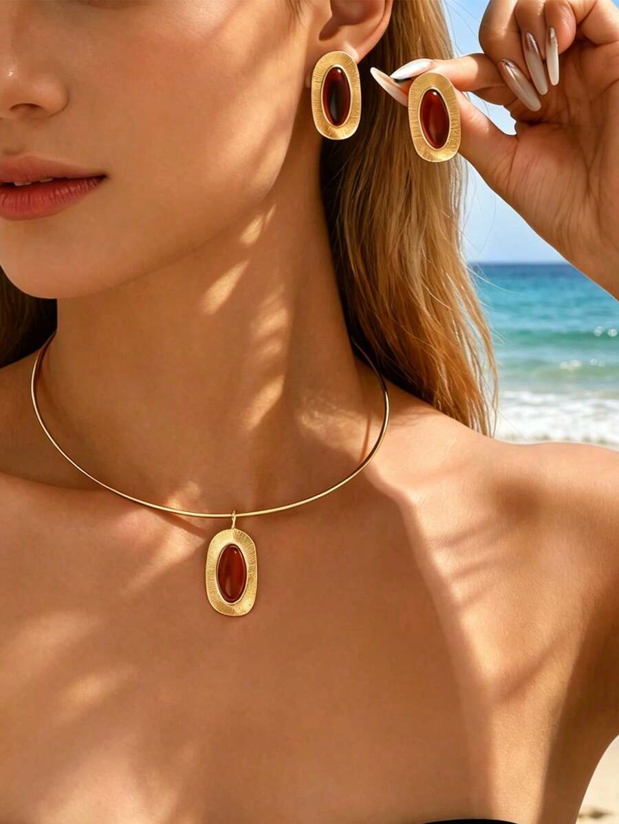 Set di gioielli 3 pezzi in resina geometrica vintage bohémien, set di collana ed orecchini eleganti minimalisti con sfumature ovali, adatto per donne per uso quotidiano, appuntamenti, spiaggia, vacanze, feste, matrimoni - Castano - Visualizzare 1