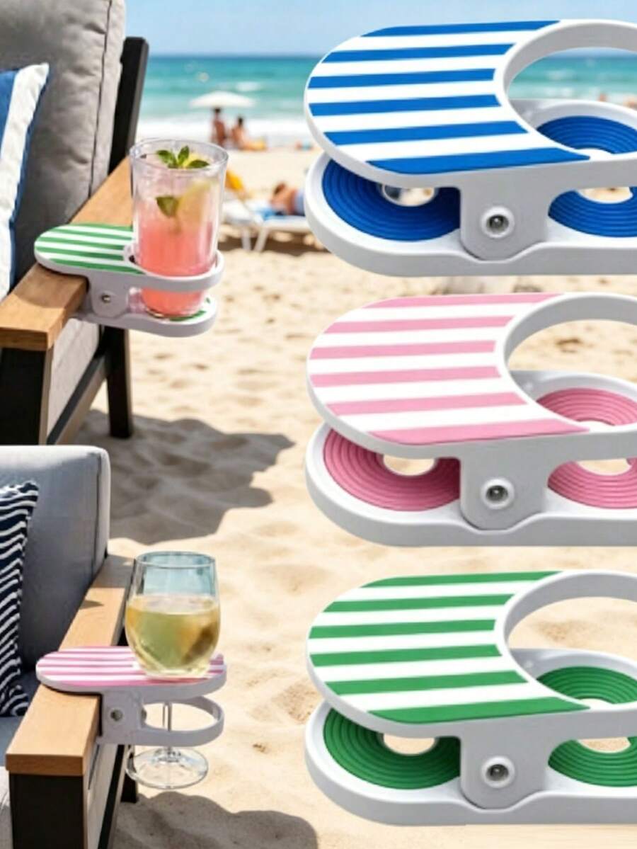 1pc Striped Clip-On Cup Holder, Multi-Functional Drink Holder, Suitable For Champagne Glasses, Insulated Cups, Beverages, Can Be Placed On Tables, Chairs, Bedside, Pool, Beach, Holds Multiple Types Of Cups
