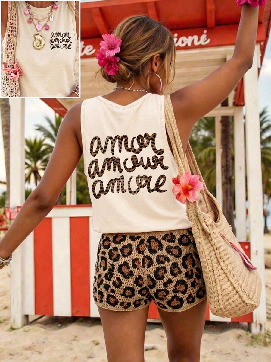Amour 豹紋字母圖案女款無袖背心上衣,夏季度假海灘休閒圓領背心,白色 - 白色 - 查看 1