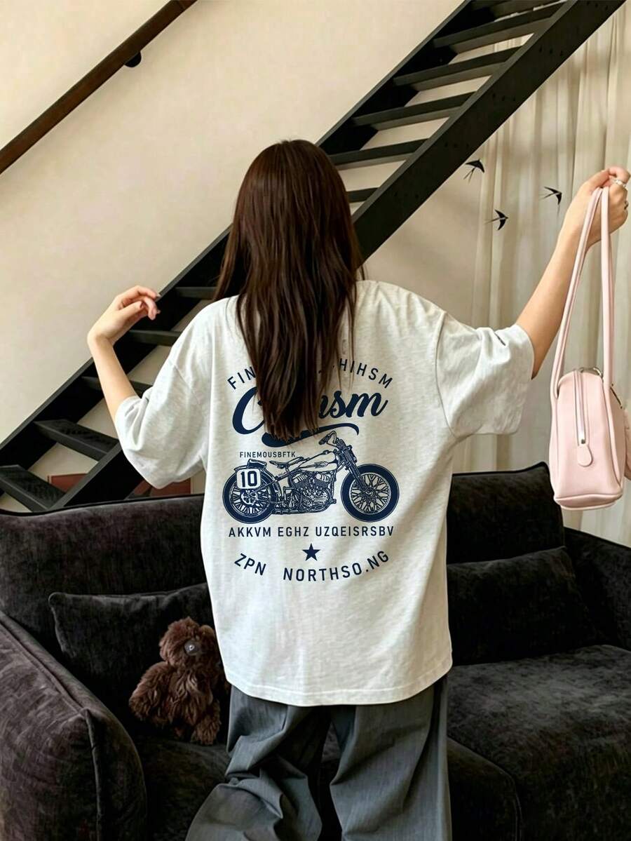 女士时尚宽松圆领休闲摩托车字母印花短袖T恤,夏季 - 淺花灰 - 查看 1