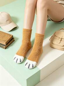 6 Pairs Mixed Color Fluffy Mid-Calf Socks For Women, Suitable For Daily Home/Office Tiger Paw Non-Slip Floor Socks, Cozy Socks - Multicolor - View 5