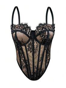 Women's Floral Lace Corset Camisole Top, Elegant And Sexy For Vacation And Casual Summer Wear, Black - 3 - 查看 1