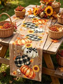 1/100pcs 35*180cm Autumn Decorative Table Runner, Cute Pumpkin Sunflower Maple Leaf Theme Tablecloth Halloween Table Decor, Seasonal Autumn Thanksgiving Kitchen Dining Table Decoration Home Decor, Indoor And Outdoor Use, Holiday Table Decor, Halloween Party Supplies. - Multicolor - View 2
