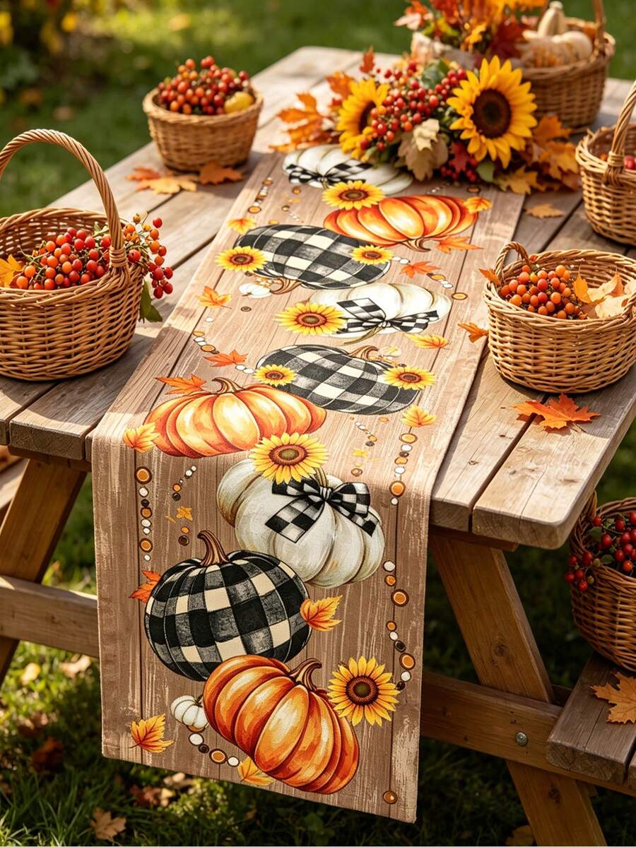 1/100pcs 35*180cm Autumn Decorative Table Runner, Cute Pumpkin Sunflower Maple Leaf Theme Tablecloth Halloween Table Decor, Seasonal Autumn Thanksgiving Kitchen Dining Table Decoration Home Decor, Indoor And Outdoor Use, Holiday Table Decor, Halloween Party Supplies.
