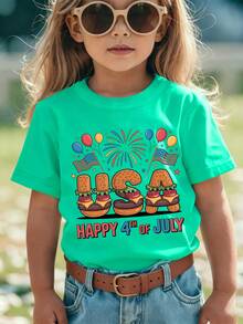 Girls' Short-Sleeved T-Shirt From The 'American Independence Day' Collection With Cartoon Prints Such As 'HAPPY 4TH OF JULY', Hamburger, United States, American Flag - 白色 - 查看 11