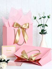 4pcs Gift Bag Set, Includes 1 Gift Bag, 1 Tissue Paper And 1 Card With Ribbon, Shopping Bag, Packaging Bag With Handle, Decorative Bow Handbag, Suitable For Girls Wedding Party Christmas Thanksgiving New Year Wedding Birthday High-End Paper Handbag, Valentine's Day Bridesmaid Girlfriend Party Gift, Valentine's Day And Other Occasions - Multicolor - View 5