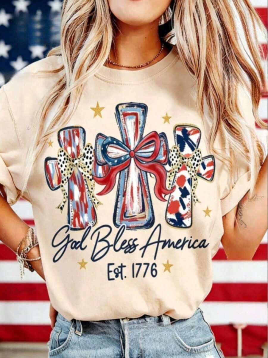 Graphic Crew Neck T-Shirts For The Celebration Of The 250th Anniversary Of The United States, T-Shirt With The Phrase "God Bless America", Women's T-Shirts For The 250th Anniversary Of The United States - 杏色 - 查看 1