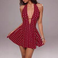 Women's Short Dress With Deep V-Neck And Open Back, Polka Dot Print, Vacation Style, For Summer - 紅色 - 查看 1