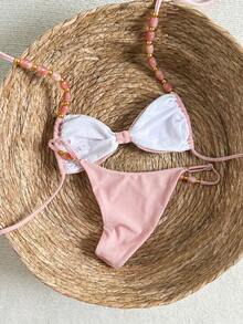Bikinx Women's Halter Neck Back Tie Bikini Set, Bohemian Style Color-Block Beaded Shoulder Straps, Suitable For Beach Vacation Pink Summer - Pink - View 7