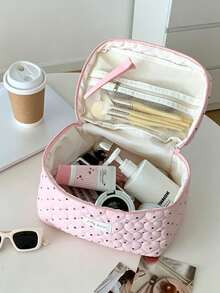 Cute Heart Quilted Pink Polka Dot Makeup Bag Soft Cotton Travel Cosmetic Organizer Bag With Handle, Large Capacity Toiletry Wash Bag Pencil Case - Pink - View 11