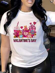 Women's Short-Sleeved Crew Neck T-Shirt With Teddy Bear, Milkshake, Heart, Sunflower And Letter Print, For Valentine's Day, Romantic, Casual, For Everyday Wear. - 白色 - 查看 1
