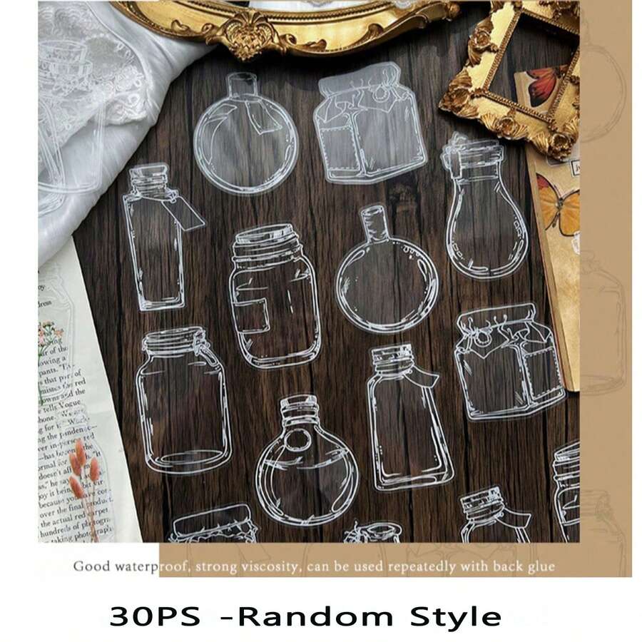 30pcs Assorted Cute Bullet Journal Stickers, Transparent Waterproof Paper Stickers, Transparent PET Sticker Pack, Handmade Dried Flower Stationery Stickers, Transparent Bookmark And Glass Jar Decoration Stickers