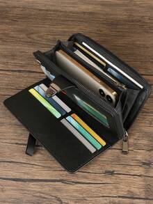 HOVI'S Cartera de hombre con correa larga para la muñeca - PU texturizado negro, múltiples ranuras para tarjetas, compartimento para teléfono, cierre con cremallera y broche, gran capacidad - Negro - Ver 8