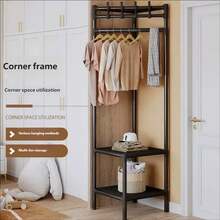 Multi-Functional Corner Garment Rack, Iron Frame Freestanding Clothing Hanger Stand With Storage Layers, L-Shaped Nook Clothes Organizer For Apartment Dorm Entryway Use - Black - View 3