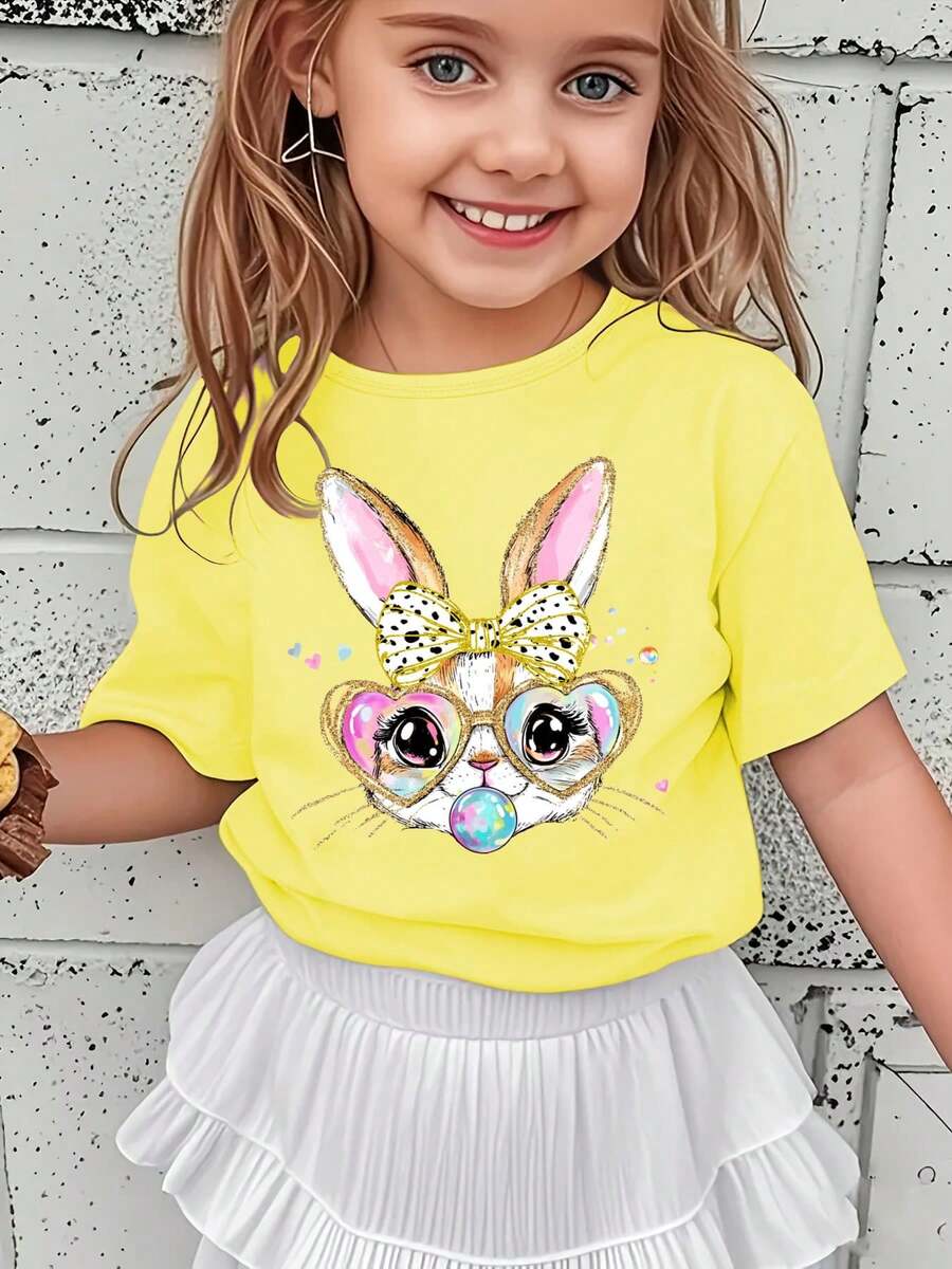Girls' Short-Sleeved T-Shirt, Spring-Summer Style, With Easter Cartoon Print: Bow, Rabbit, Heart, Colorful Glasses And Bubbles, Versatile Casual Top NY-DX5438 - 灰色 - 查看 1