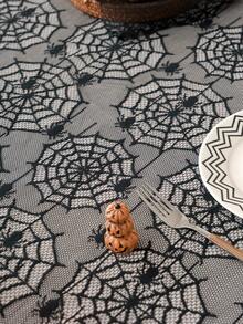Halloween Black Lace Spider Web Tablecloth, Party Dining Table Decor Hollow Spider Tablecloth, Halloween Party Dining Table Arrangement Decoration Table Runner, Holiday Gathering Dining Table Atmosphere Decoration Supplies, Halloween Home Fireplace Mantel Decoration - Multiple Styles - View 9