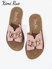 Ximi Ruo New H-Shaped Slippers, Brown Flat Slides, Holiday Essential, Wedge Sandal, Beach Shoes, Flip Flops, Holiday, Black, Beige - Pink - View 1