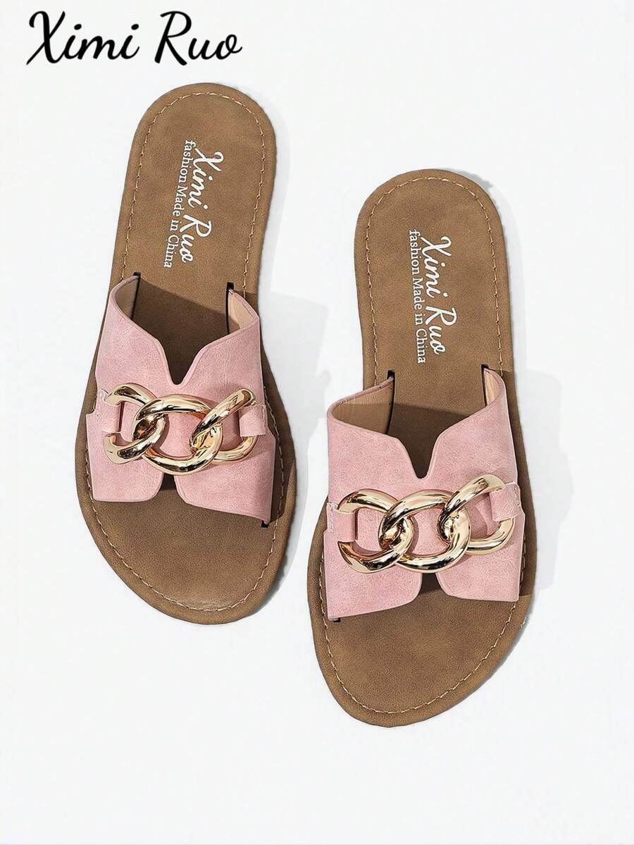 Ximi Ruo New H-Shaped Slippers, Brown Flat Slides, Holiday Essential, Wedge Sandal, Beach Shoes, Flip Flops, Holiday, Black, Beige - Pink - View 1
