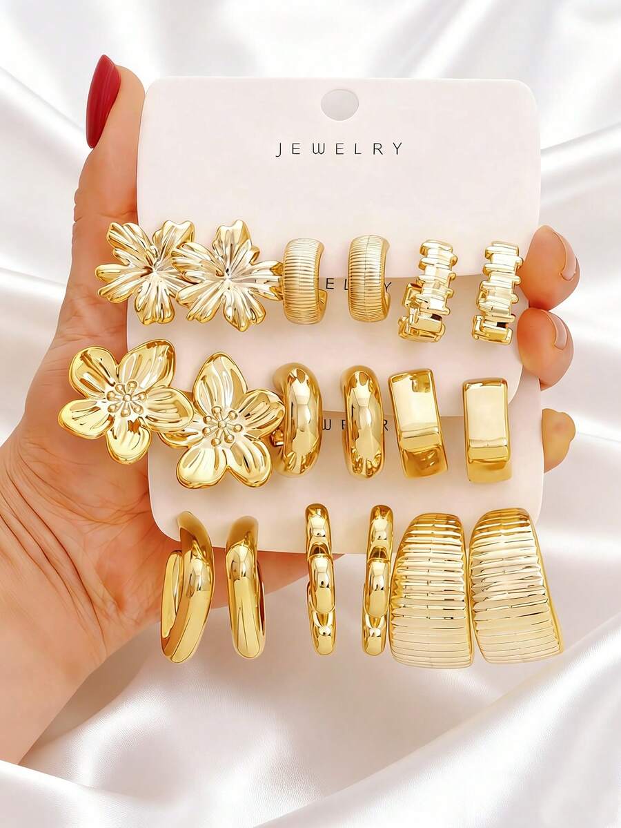 1 Set 9 Pairs/3 Pairs Gold Floral Textured Earrings Multi-Piece Pack, Vintage Geometric Hoop Earrings Set, Women's Fashion Jewelry - Yellow Gold - View 1
