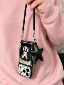 Sweet Style Star Rabbit Floral Phone Case Mirror Rabbit Card Slot Lanyard Anti-Drop Shell + Star Pendant Phone Case Compatible With Apple 13 14 15 15PRO 15PLUS 15PROMAX 16 16Pro 16Plus 16Promax IPhone17 IPhone17PRO IPhone17PROmax 18 18PRO 18PROMAX - Black - View 7