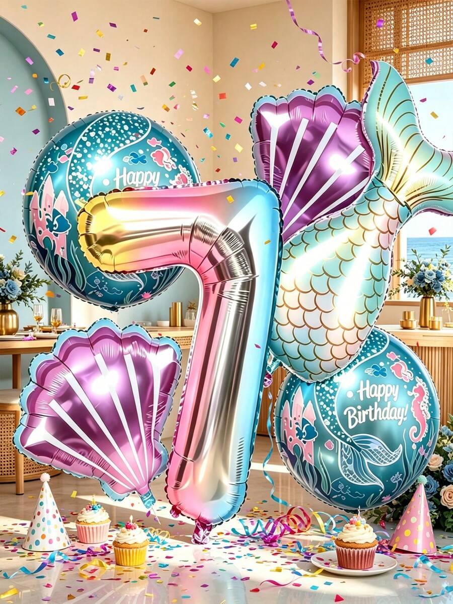 Set mit 8 Luftballons mit Farbverlauf-Zahlen, Meerjungfrauenschwänzen und Muschel-Designs. Perfekt für Geburtstagsfeiern, Themenpartys, Jahrestage, Familientreffen, Poolpartys, Strandpartys, Heimdekoration, Outdoor-Picknicks, Foto-Motive, - Übersicht 1