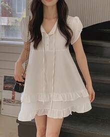 New Korean-Style Summer Collection For 2026: A Sweet And Gentle Mini Dress With Double Ruffles And A Ribbon Tie, Featuring A Half-Open Collar. - White - View 11