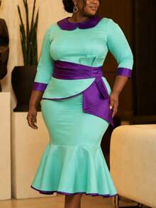 Plus Size Women's Satin Colorblock Mermaid Dress, Collared, 3/4 Sleeve, Ruffle Waist, Slim Fit, Wedding Guest, Church Event, Elegant Party Dress - Mint Green - View 3