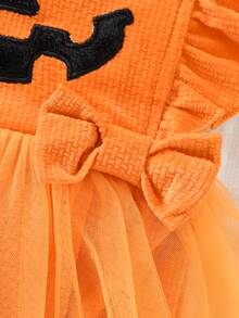 0-18M Baby Girl Autumn Halloween Pumpkin Smiling Face Patchwork Flutter Sleeve Mesh Tutu Dress & Bow Headband 2pcs Set Infant Romper - Multicolor - View 5