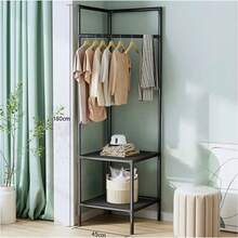Multi-Functional Corner Garment Rack, Iron Frame Freestanding Clothing Hanger Stand With Storage Layers, L-Shaped Nook Clothes Organizer For Apartment Dorm Entryway Use - Black - View 12