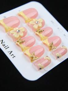 10pcs Short Square Cute Summer Press-On Nails, Nude Pink And Yellow French Manicure, 3D Flower And Butterfly Rhinestone Decor, Handmade Acrylic Fake Nails For Women And Girls Daily, Party, Date Wear And Gift - Yellow - View 7