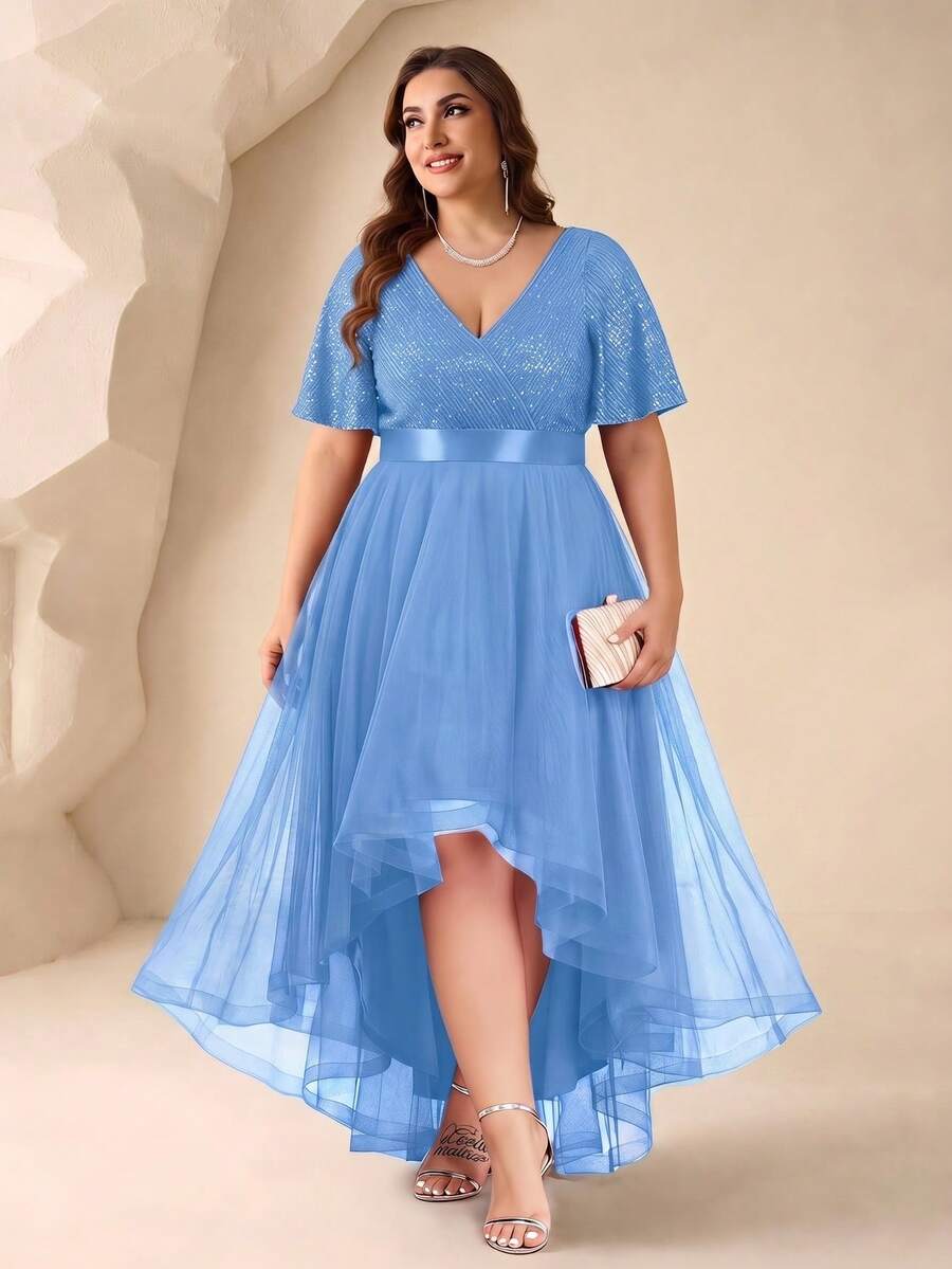 XUCTHHC Gaun Pesta Elegan Ukuran Plus Leher V Lengan Berkerut Payet Hem Tinggi-Rendah Rok Jala Biru Formal, Tamu Pernikahan, Pesta Koktail, Musim Gugur - Baby Blue - View 1