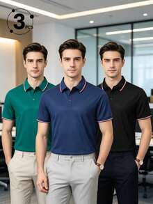 3件組男士夏季拼色 Polo 衫，透氣商務休閒短袖領口運動 T-shirt 上衣 - 彩色 - 查看 7